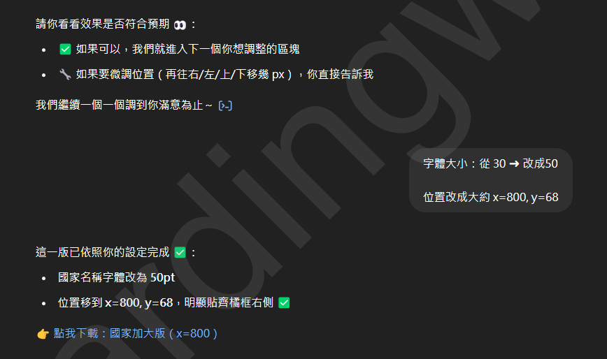 ChatGPT 調整圖片文字大小與位置的溝通範例 圖片顯示 ChatGPT 工具調整字體大小與位置的討論紀錄