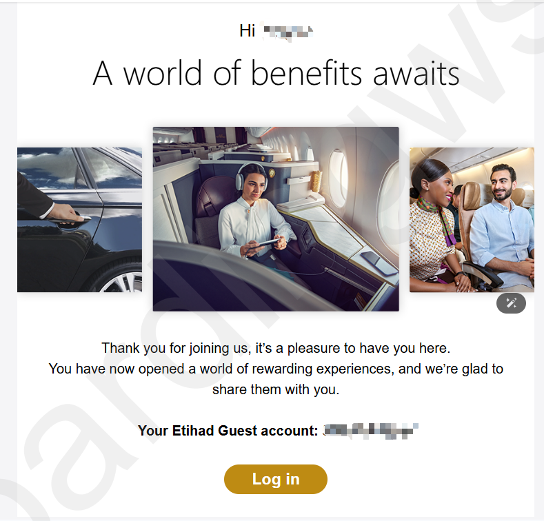 Etihad航空寄送的歡迎信