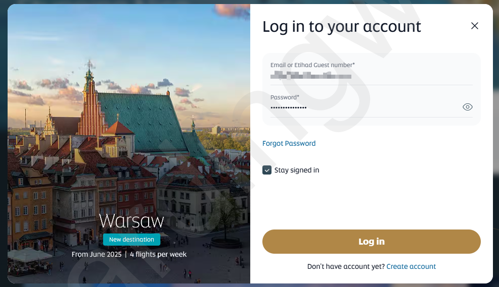 Etihad航空「Log in to your account」畫面，顯示 Email／會員編號與密碼欄位。