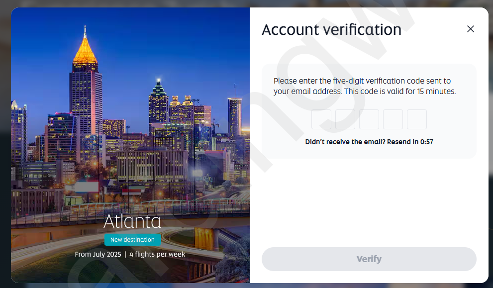 Etihad航空帳號登入後，再次跳出「Account verification」畫面，需要輸入五位數 OTP。