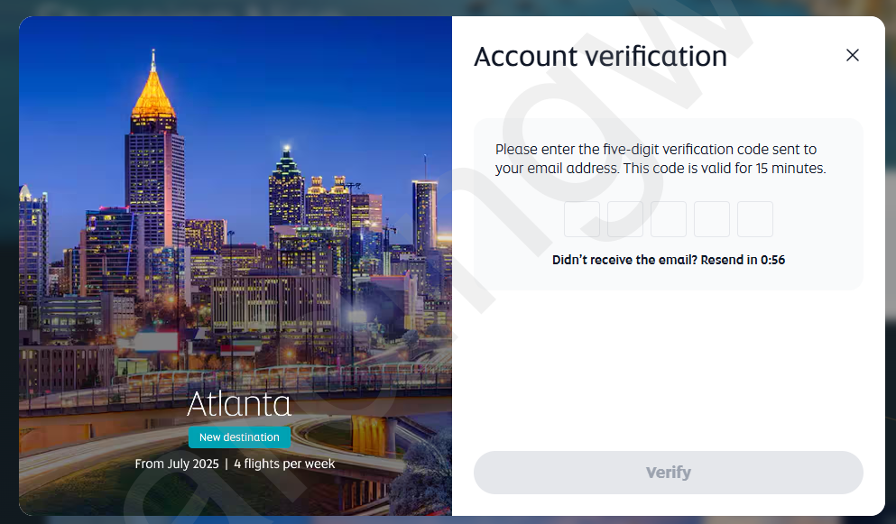Etihad航空 Account verification 畫面，需輸入五位數驗證碼。