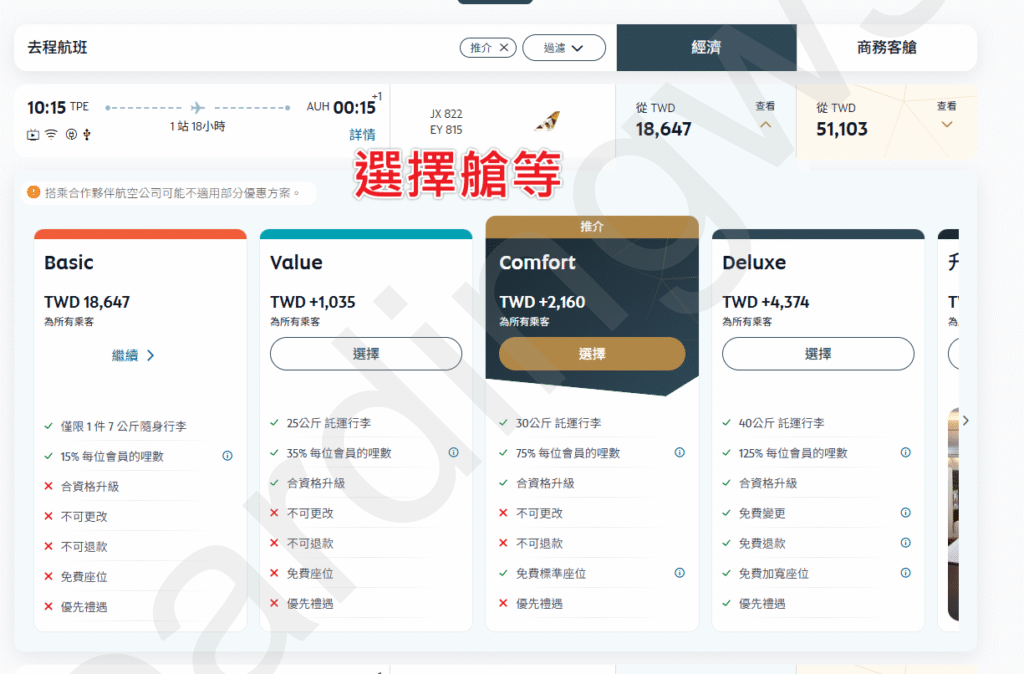 step04_4 艙等票價類別卡片(Basic / Value / Comfort / Deluxe)