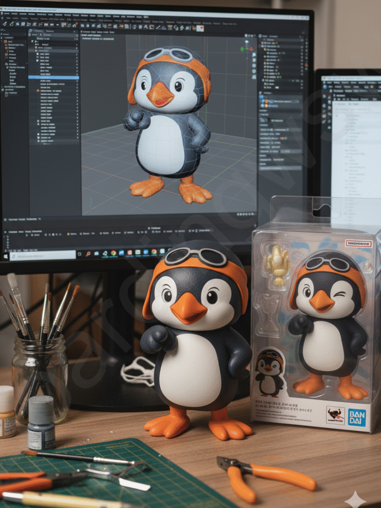 生成公仔示意圖 鄰近角色的1/7比例的商業化手辦,寫實風格,真實環境,手辦放在電腦桌面,電腦螢幕裡的內容為該手辦的C4D建模過程,電腦螢幕旁放著印有原畫的BANDAI風格的塑膠玩具包裝盒,電腦桌面還有製作手辦的工具,如畫筆,視線,小刀等