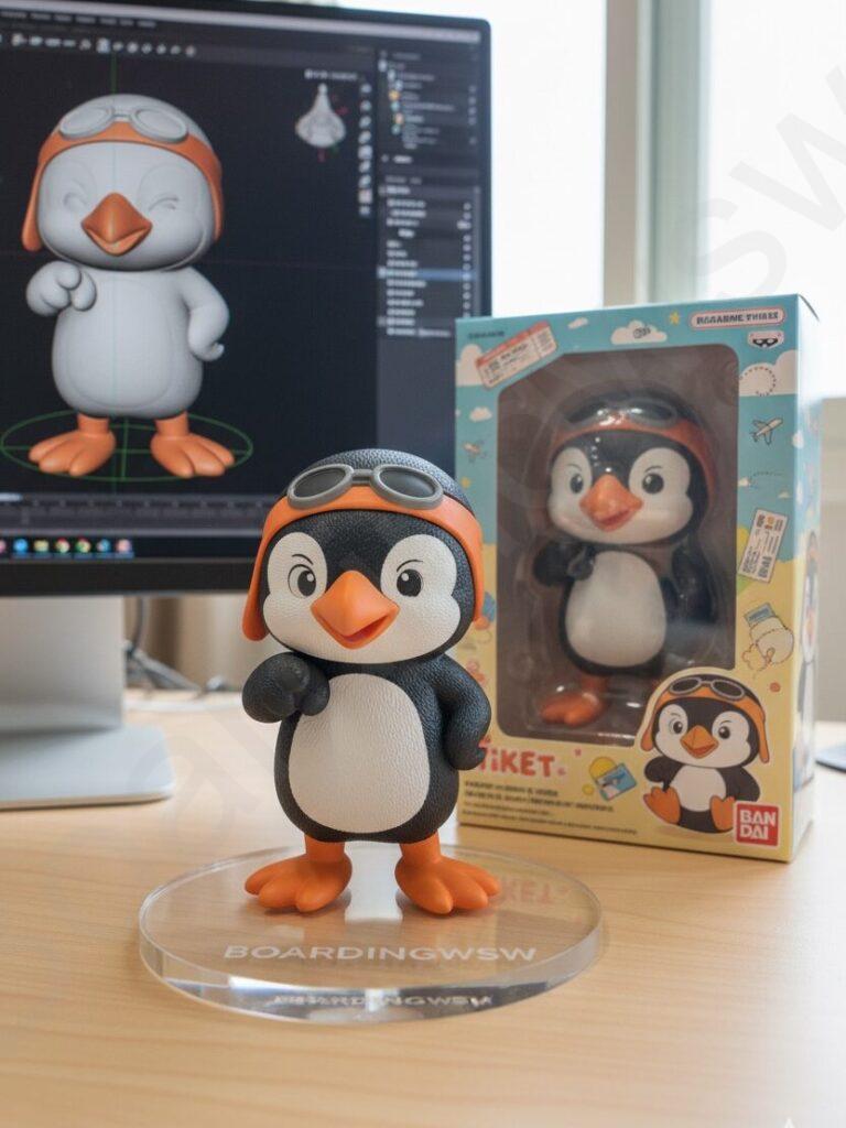 公仔生成示意圖 以寫實風格,在真實環境中,創作1/6比例的商品化相片的中的公仔模型。模型放置在電腦桌上。 模型底座為圓形透明壓克力。電腦螢幕上顯示的內容是該模型的ZBrush建模過程。電腦營幕旁放著印有原畫的BANDAI風格的玩具包裝盒 ,並以「透明殼」形式,讓公仔可以直接展示在盒子裡,包裝盒採用二維平面插畫設計,電腦桌面要乾淨,而且不要有任何線路。